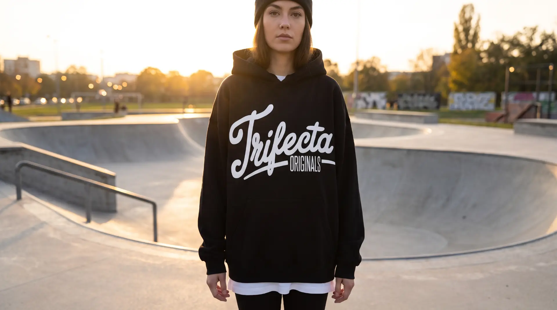 Black Trifecta hoodie worn at a skatepark at golden hour