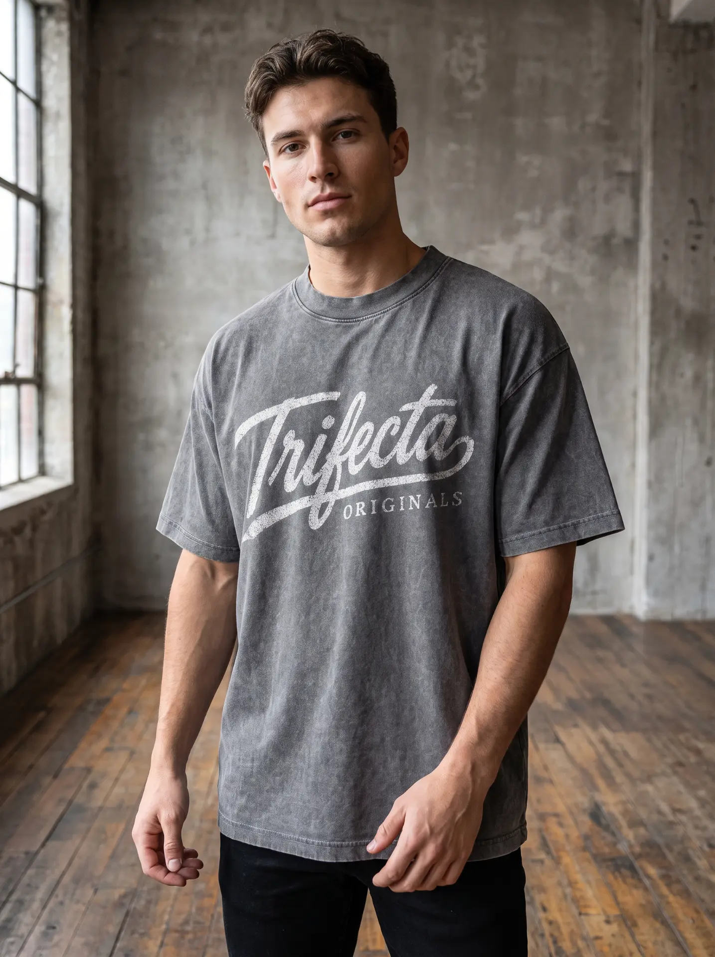 Model wearing the washed grey Concrete Box Tee in a concrete loft