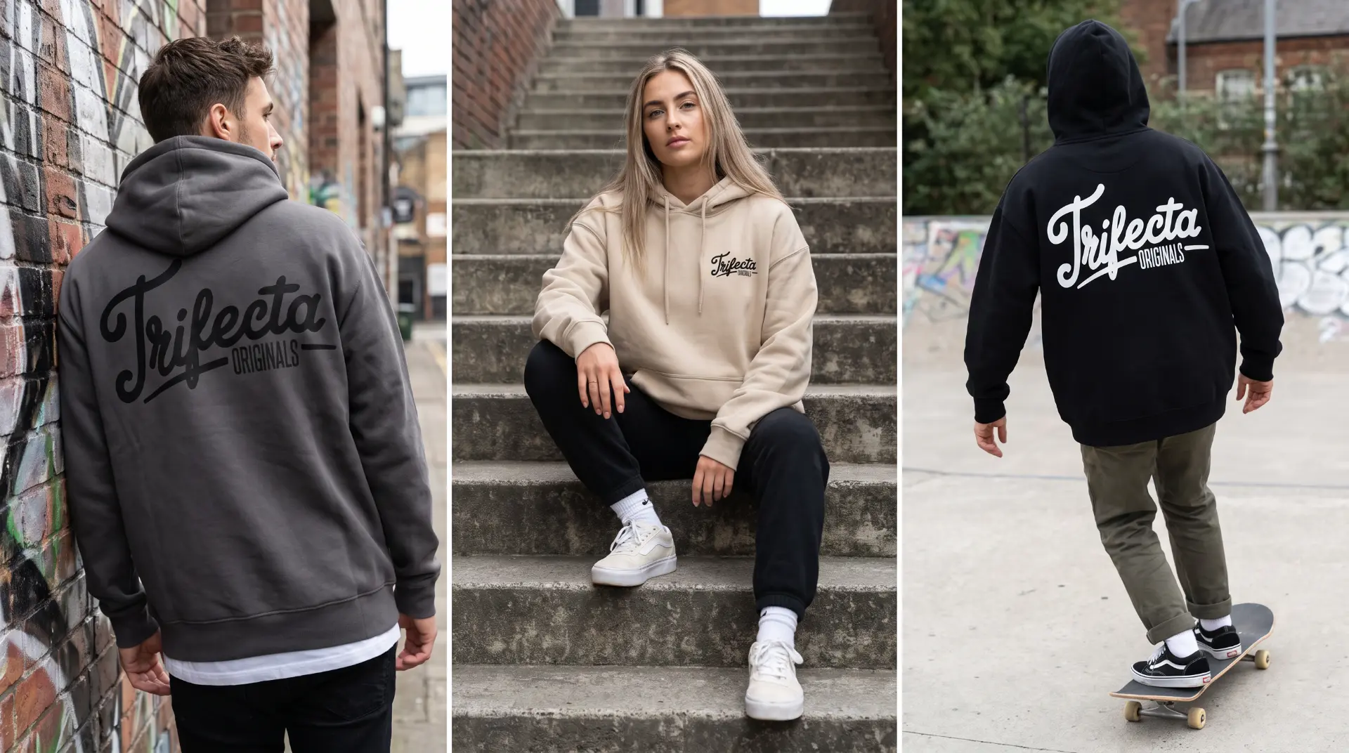 Three people wearing Trifecta Originals hoodies in the street