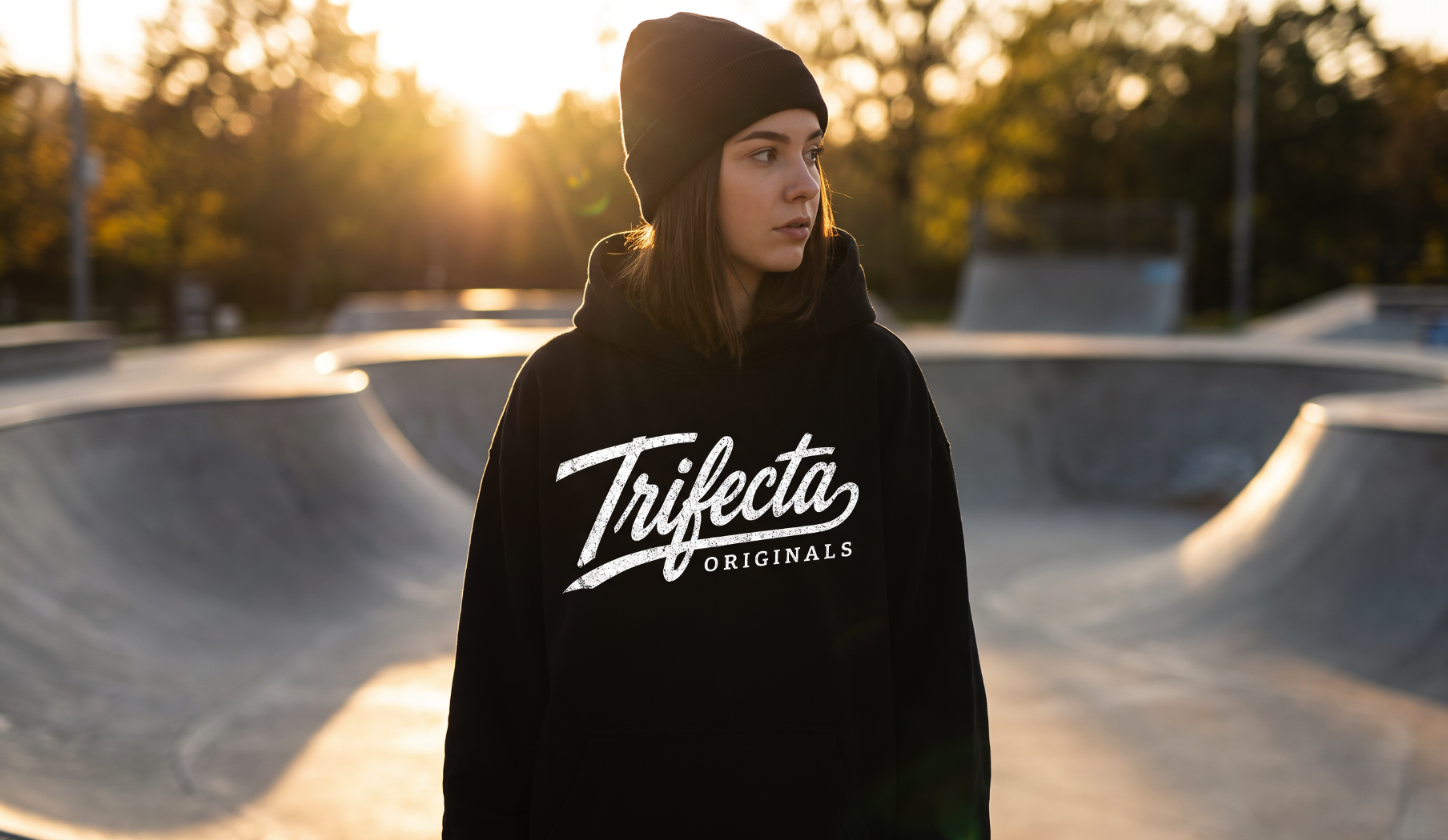 Model wearing a black Trifecta Originals hoodie in a skatepark at sunset