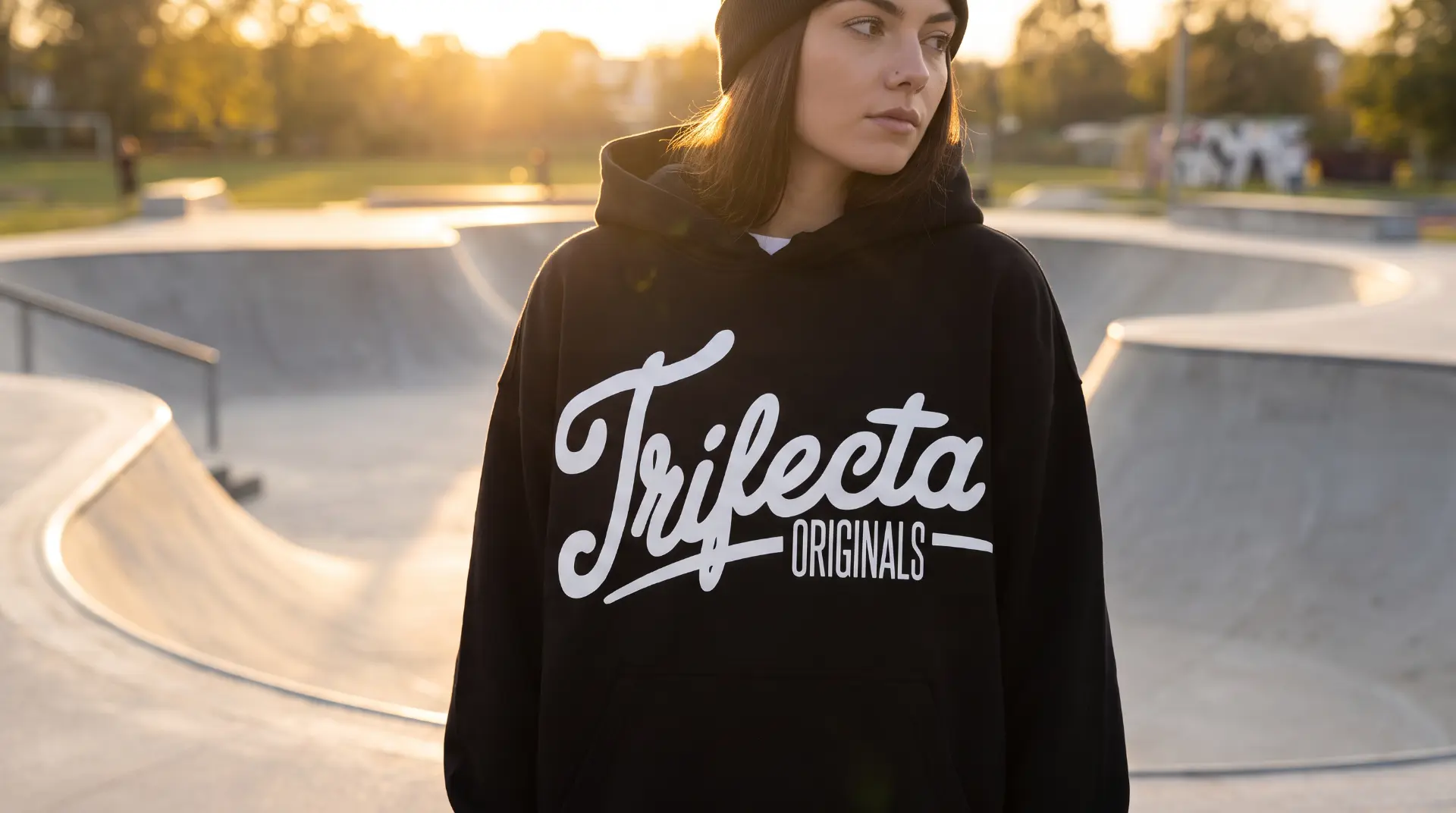 Close crop of the Trifecta script logo on a black hoodie